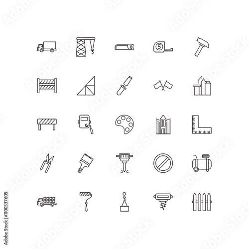 fully editable outline icon collection from construction concept. thin line icons set such as truck with freight, derrick facing right, barrier, pickaxes drilling, garden fence,