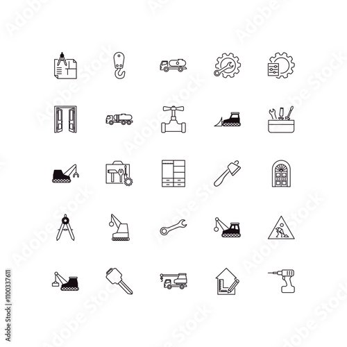 fully editable outline icon collection from construction concept. thin line icons set such as construction plan, pulley hook, derrick with tong, interior de, electric drill,