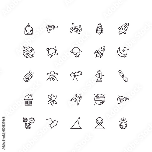 fully editable outline icon collection from astronomy concept. thin line icons set such as astronaut ingravity, gun blaster, meteorites, alien, aerosphere,
