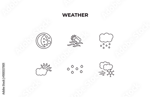 fully editable outline icon collection from weather concept. thin line icons set such as waning moon, haze, rainy, raindrops, blizzard,
