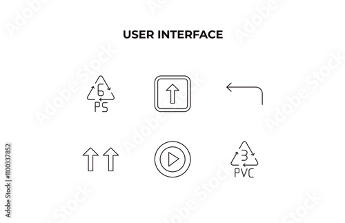 fully editable outline icon collection from user interface concept. thin line icons set such as 6 ps, key up, curve left arrow, press play button, 3 pvc,