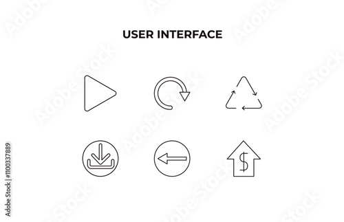 fully editable outline icon collection from user interface concept. thin line icons set such as right arrow play button, refresh arrows, recycable, round left button, house value, photo