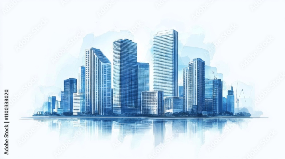 Fototapeta premium Modern Cityscape: Watercolor Illustration of Skyscrapers and Urban Architecture