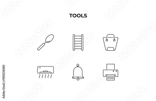 fully editable outline icon collection from tools concept. thin line icons set such as large spoon, hanging ladder, bag with big handle, hanging bell, print button,