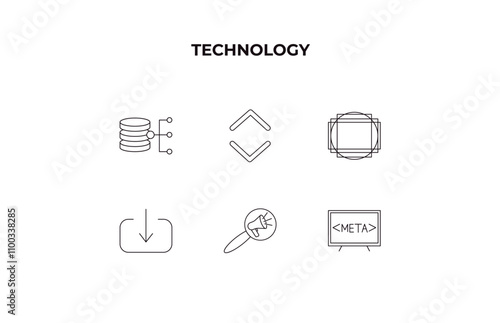 fully editable outline icon collection from technology concept. thin line icons set such as data architecture, selector, grid system, search engine marketing, meta elements,