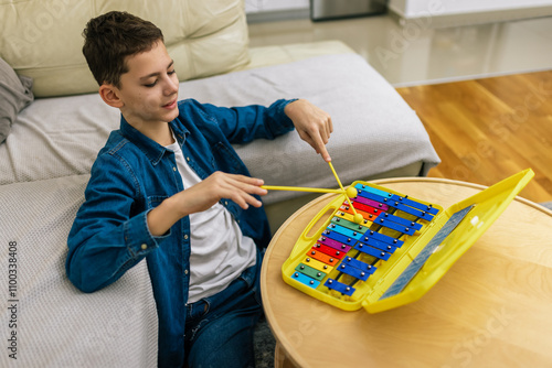 Boy plays metallophone at home. photo