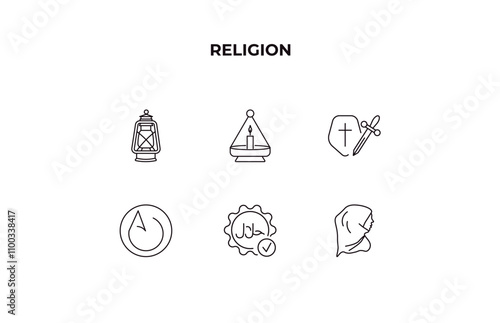 fully editable outline icon collection from religion concept. thin line icons set such as old oil lamp, ner tamid, crusade, halal, hijab veil,