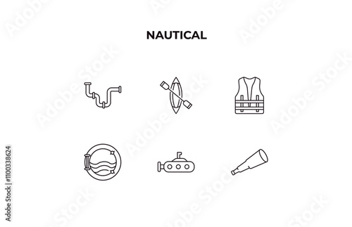 fully editable outline icon collection from nautical concept. thin line icons set such as shirt, long lighthouse, life jacket, fish shaped bait, nautical map,