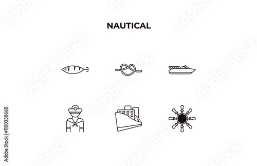 fully editable outline icon collection from nautical concept. thin line icons set such as fish facing right, knot, skull and bones, cruise ship, boat steering wheel,