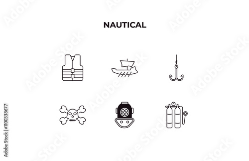 fully editable outline icon collection from nautical concept. thin line icons set such as helm, yacht facing right, sun shining, diving helmet, aqualung,