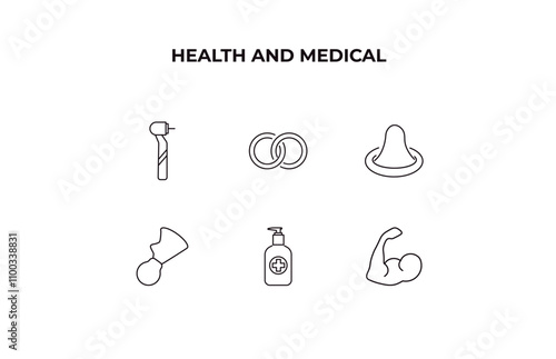 fully editable outline icon collection from health and medical concept. thin line icons set such as dental drill, rings, condom, desinfectant, biceps,