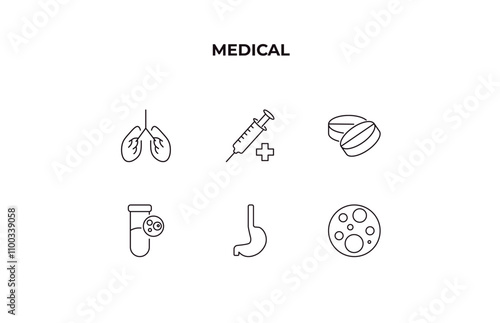 fully editable outline icon collection from medical concept. thin line icons set such as breath control, syringe with medicine, tablets, esophagus, cells in a circle,