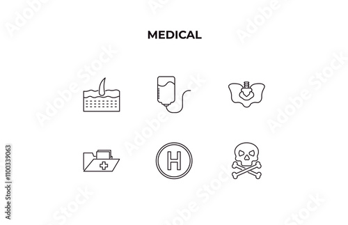 fully editable outline icon collection from medical concept. thin line icons set such as dermis, perfusion, pelvic area, heliport, skull and bone,
