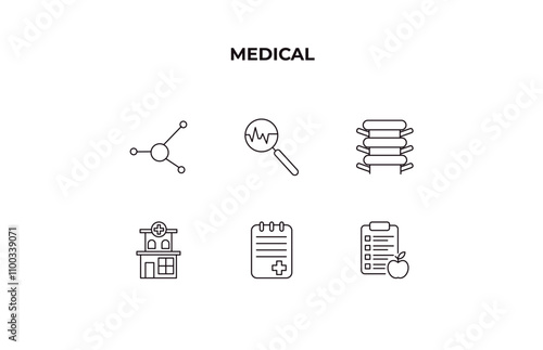 fully editable outline icon collection from medical concept. thin line icons set such as molecular configuration, diagtic, vertebra, notepad, nutrionist,