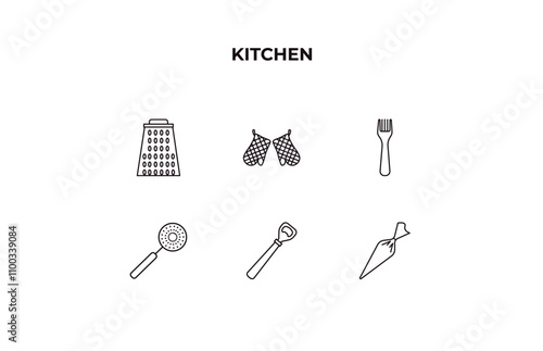 fully editable outline icon collection from kitchen concept. thin line icons set such as grater, kitchen mitten, fork, bottle opener, pastry bag,