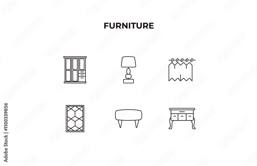 Obraz premium fully editable outline icon collection from furniture concept. thin line icons set such as cupboard, bedroom lamp, shower curtain, hassock, lowboy,