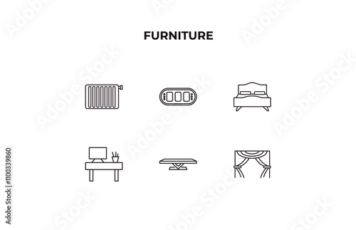 fully editable outline icon collection from furniture concept. thin line icons set such as radiator, card table, sleigh bed, dining table, curtain,