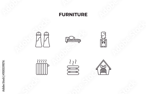 fully editable outline icon collection from furniture concept. thin line icons set such as salt and pepper shakers, fainting couch, water dispenser, heating, pet house,