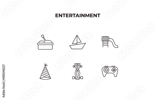 fully editable outline icon collection from entertainment concept. thin line icons set such as sandbox, sailing boat, toboggan, racing, game console,