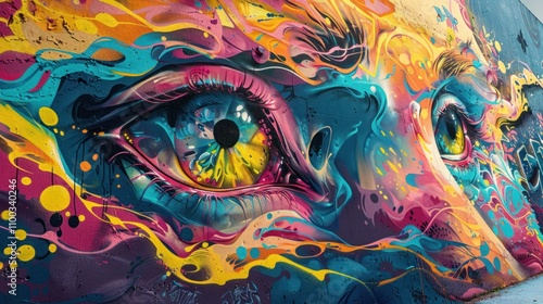 Vibrant eyes mural, abstract colorful graffiti art.