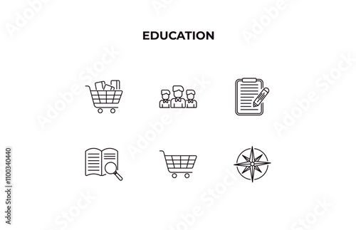 fully editable outline icon collection from education concept. thin line icons set such as cart with books, group of people, application form, shopping cart, draw with compass,