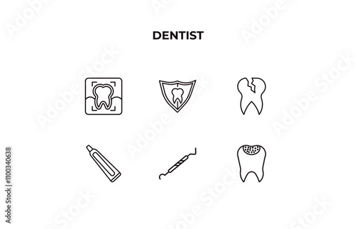 fully editable outline icon collection from dentist concept. thin line icons set such as radiograph, dental protection, damaged tooth, periodontal scaler, holed tooth,