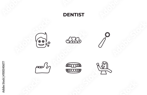 fully editable outline icon collection from dentist concept. thin line icons set such as healthy boy, malocclusion, mouth mirror, denture, dentist chair,