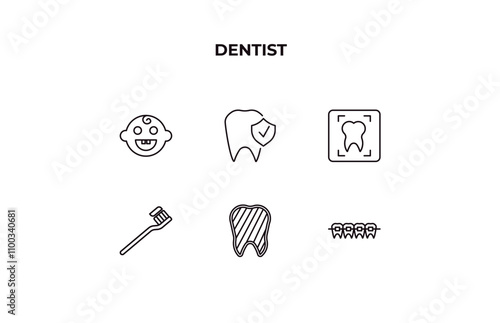 fully editable outline icon collection from dentist concept. thin line icons set such as baby dental, prophylaxis, dental x ray, inner tooth, lingual braces,