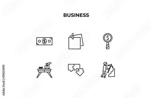 fully editable outline icon collection from business concept. thin line icons set such as dollar bills, post it, money finder, puzzle game piece, worker digging a hole,