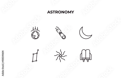 fully editable outline icon collection from astronomy concept. thin line icons set such as aerosphere, comet, crescent moon, nebula, jet pack,