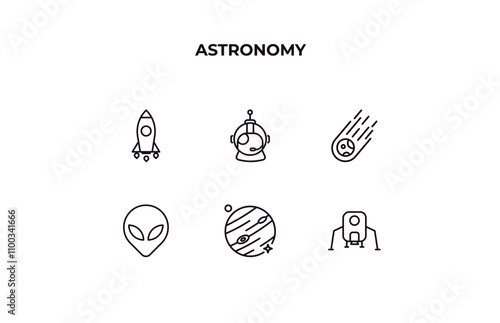 fully editable outline icon collection from astronomy concept. thin line icons set such as liftoff, astranaut helmet, meteorites, jupiter with satellite, lander,