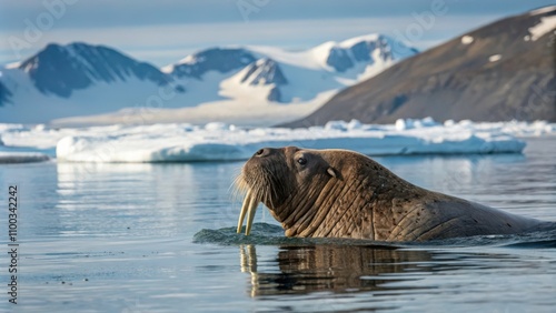 Walrus Swimming in Arctic Waters Near Sarstangen Peninsula During Calm Daylight. Generative AI photo