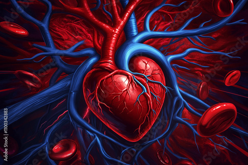 Illustration of the heart with a noticeable thrombosed artery, showing the risk of a heart attack. photo