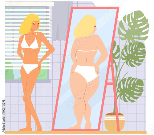 Young slim woman looking at mirror reflection worrying about body shape, weight viewing fat reflection vector illustration. Eating behavior, psychology disorder and self-perception problem concept