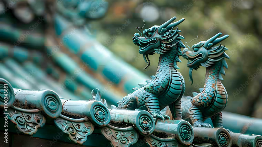 Fototapeta premium Teal Dragon Roof Statues Illustration
