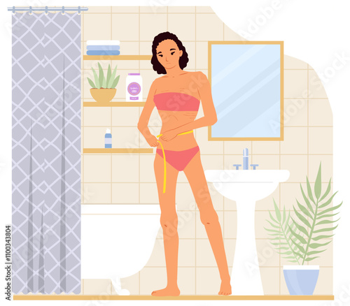 Young thin woman character with measuring tape suffering from anorexia eating disorder standing indoor home bathroom vector illustration