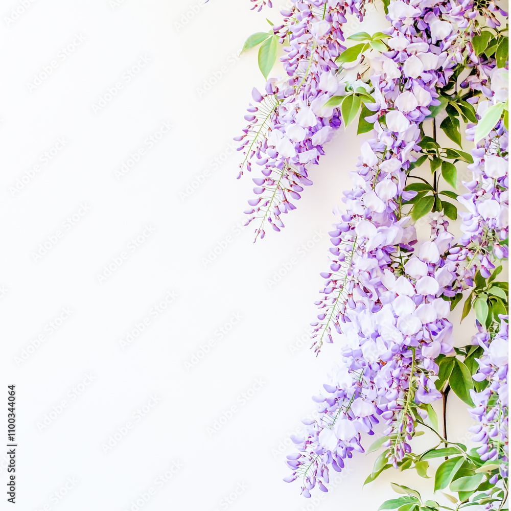 Obraz premium Branch of vibrant, cascading purple wisteria flowers against a clean white background