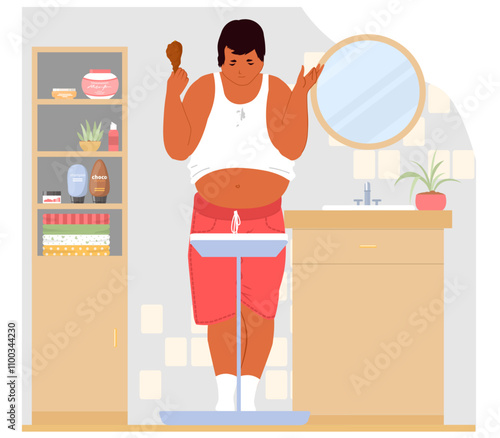 Upset fat chubby man cartoon character standing on body scales holding fried chicken leg feeling anxiety vector illustration