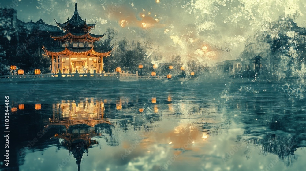 Obraz premium Serene pagoda reflected in water, surrounded by ethereal light and mist.