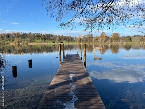 Late autumn atmosphere on the Swiss Katzenseen lakes or Katzensee lakes (Katzen lakes), Regensdorf - Canton of Zurich (Zürich or Zuerich), Switzerland (Schweiz)
