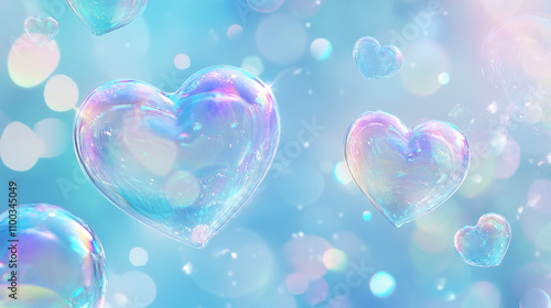 A delicate, pastel blue background with iridescent heart-shaped bubbles floating in the air. Valentine's Day concept photo