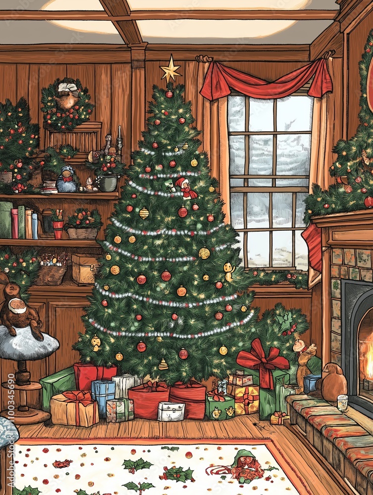 Fototapeta premium Christmas tree illuminating cozy living room with gifts and decorations
