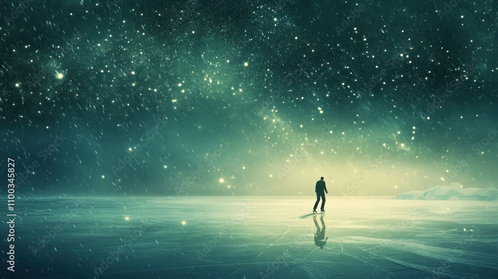 Fototapeta premium A solitary figure stands on an icy surface under a starry sky, evoking a sense of wonder.