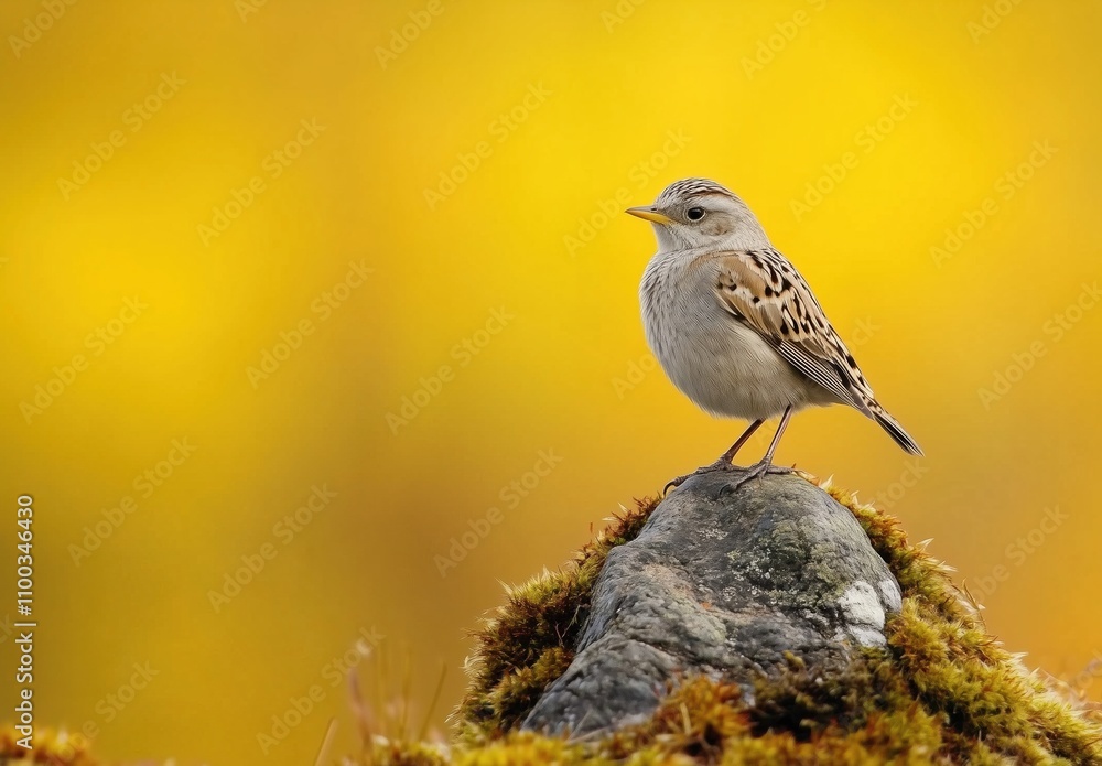 Fototapeta premium A small bird is perched on a rock in a field