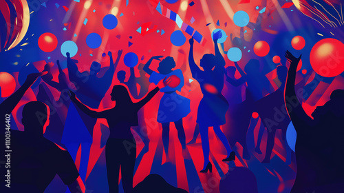 Happy New Year 2025 party scene with people danci
