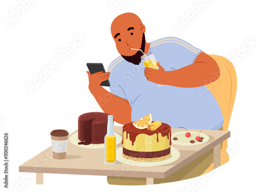 Plump man cartoon character eating unhealthy sweets delicious cake dessert at cafe vector illustration. Obesity and sugar gluttony concept