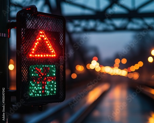 A traffic signal displaying a red triangle and green square illuminates at dusk, with a blurred background of lights and a bridge. photo