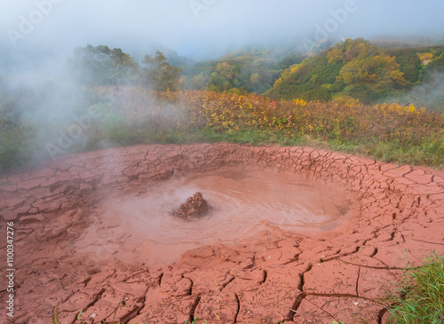 View of the majestic valley of geysers with geothermal steam and colorful foliage, Kamchatka, Russia. photo