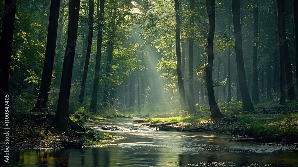 Obraz premium Sunlight Filtering Through Tall Trees onto a Stream