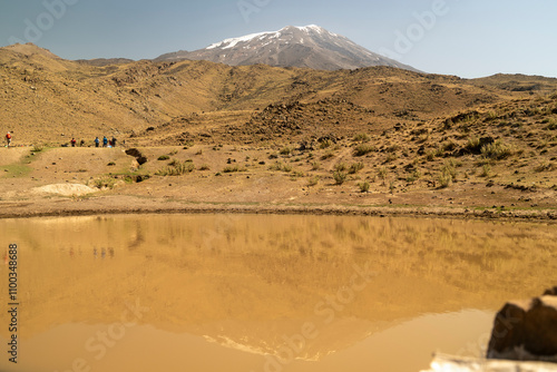 View of majestic Mount Ararat and tranquil lake in a beautiful landscape, Agri Eastern Turkey. photo